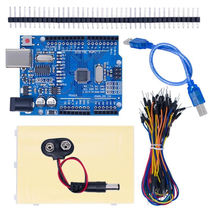 WAVGAT Starter Kit for Frduino Uno R3 - Bundle of 5 Items: Uno R3, Breadboard, Jumper Wires, USB Cable and 9V Battery Connector