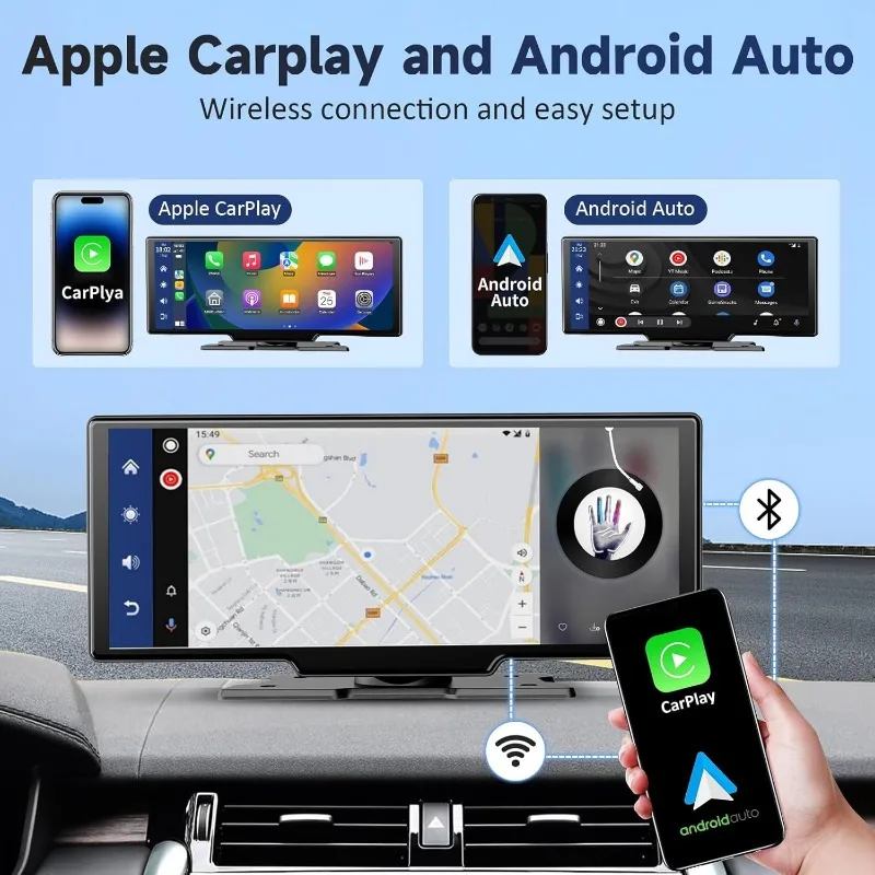 Tela Carplay portátil sem fio para carro, Android Auto Touch Stereo, 4K Dash Cam, câmera de backup, 10,26"