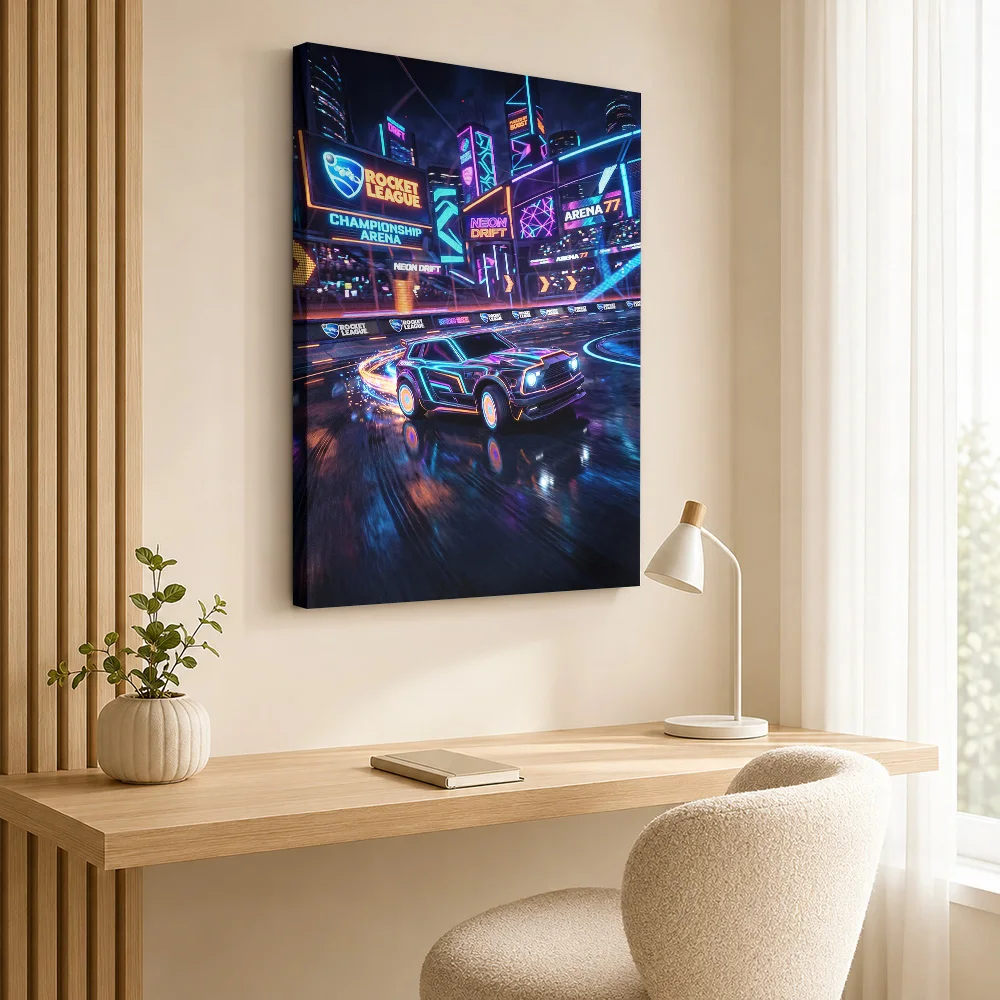 A futuristic Rocket League Neon Drift Arena Framed Canvas Print Poster Personalized Gaming Anime Wall Art for Game Room Decor
