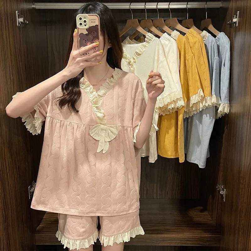 Spring Summer Solid Cotton Pajamas Women's Short Sleeve Pants Two-piece Set Japanese Sweet Princess Style Ladies Loungewear Suit