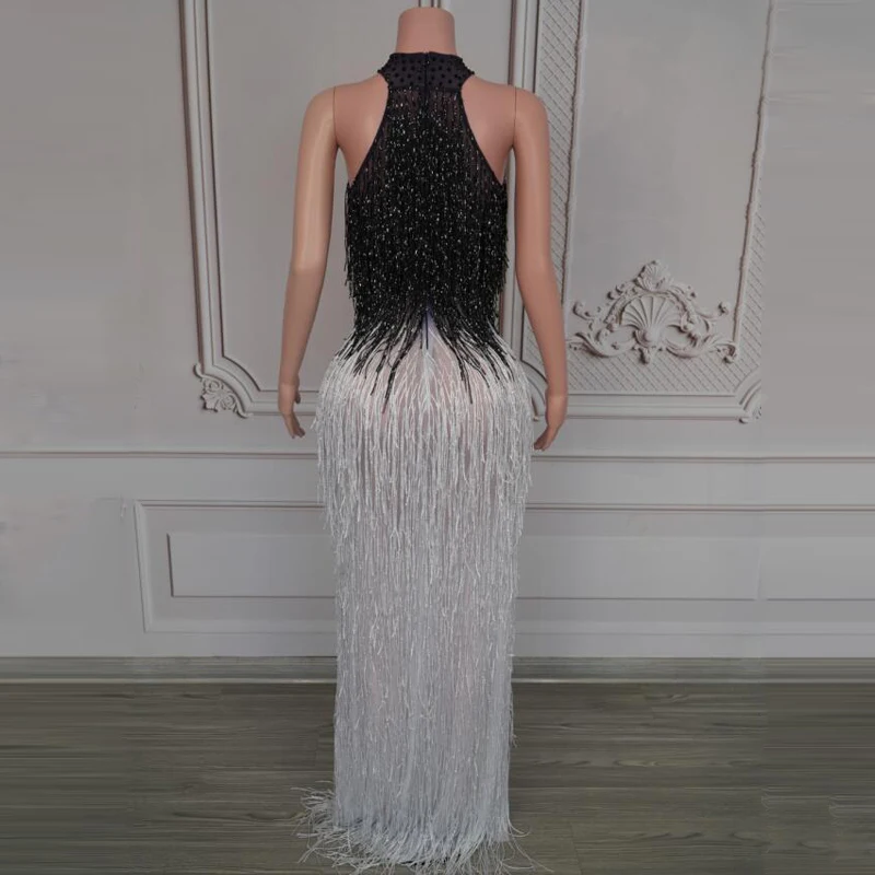 Vestido blanco y negro con flecos degradados para mujer, traje de Festival para Bar y Club nocturno, vestidos de noche para cantante, ropa de pasarela para escenario XS10223