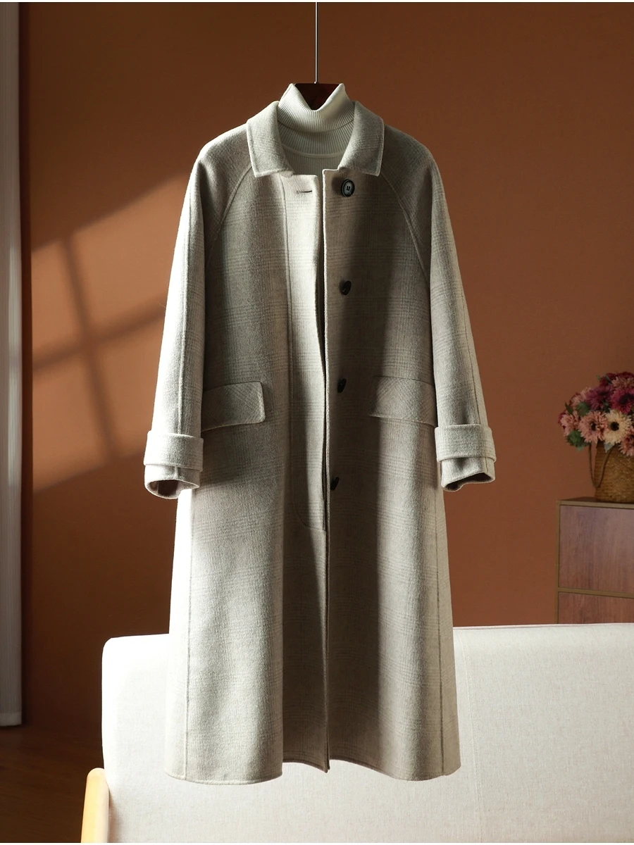 Autumn Winter Double-Faced Woolen Plaid Midi Coat Loose Collar Outerwear Women's Premium Woolen Jacket Nylon Fiber Blend