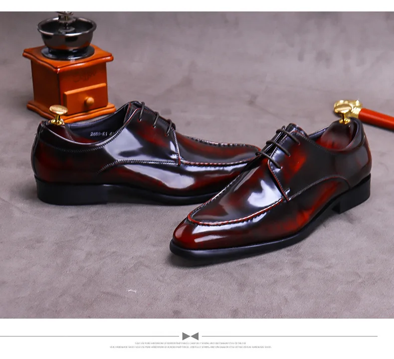 Mens Patina Finished Oxford Shoes Genuine Leather Lace Up Formal Dress Shoe for Men Pointed Toe Business Office Footwear for Men