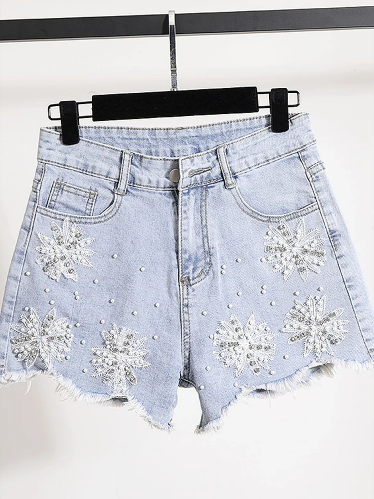 

Beads Rhinestones Wide-Leg Denim Shorts for Women 2024 Summer New High Waist Slimming European Goods Style Hot Pants