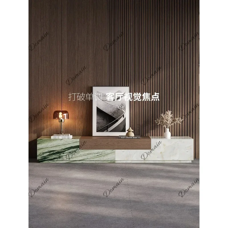 BJ 2026 New Italian Luxury Marble TV Stand Living Room Wood Grain Color Block Designer Cabinet