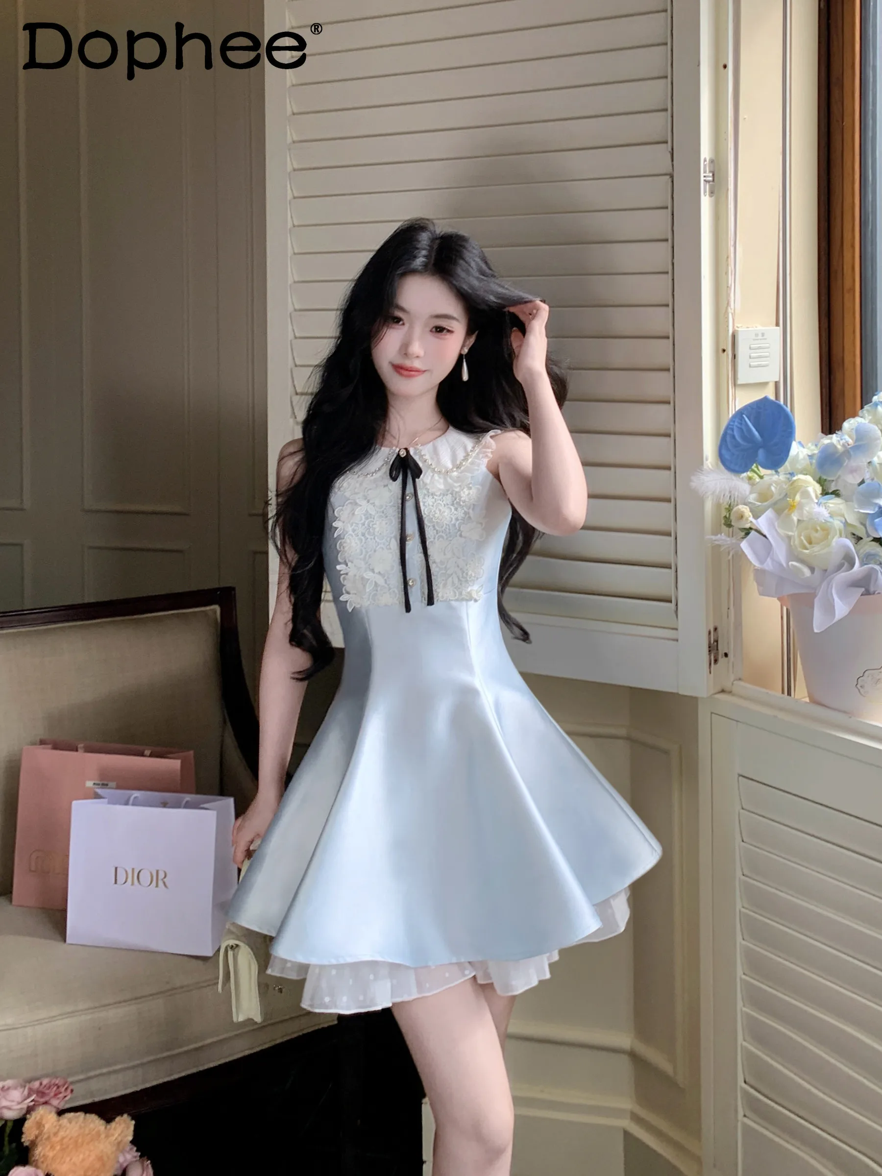 

French Court Style Elegant Sweet Three-dimensional Flower Sleeveless Dress Summer New Birthday Party Waist Thin Dress Women