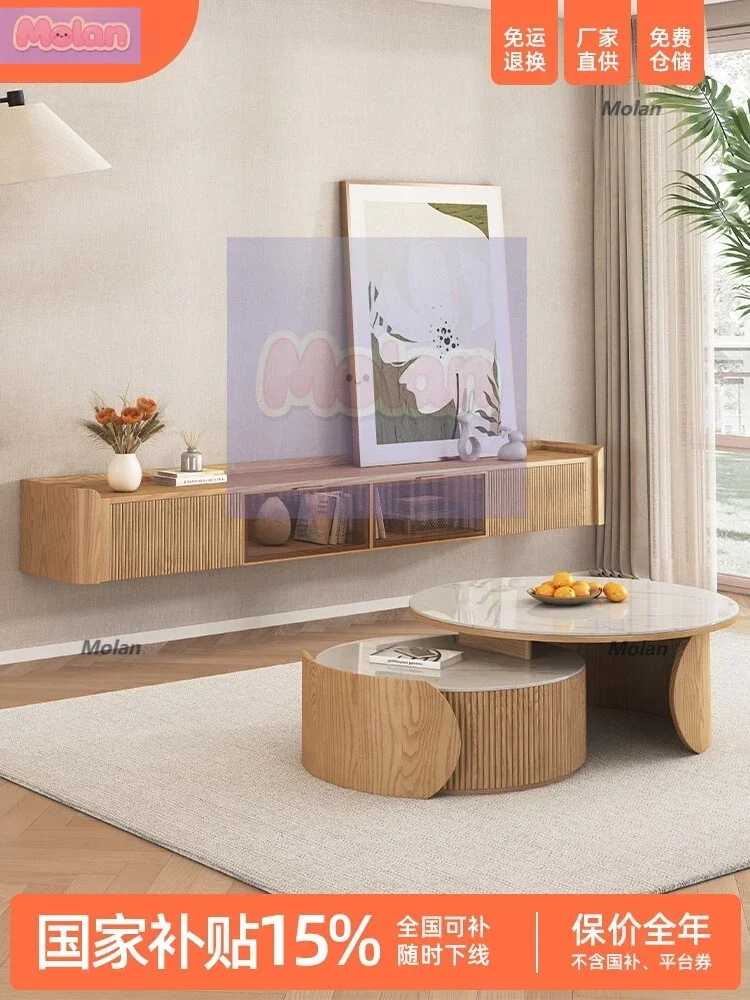 

Round coffee table ash wood small apartment homestay household log wind wabi sandy wind solid wood size rock board coffee