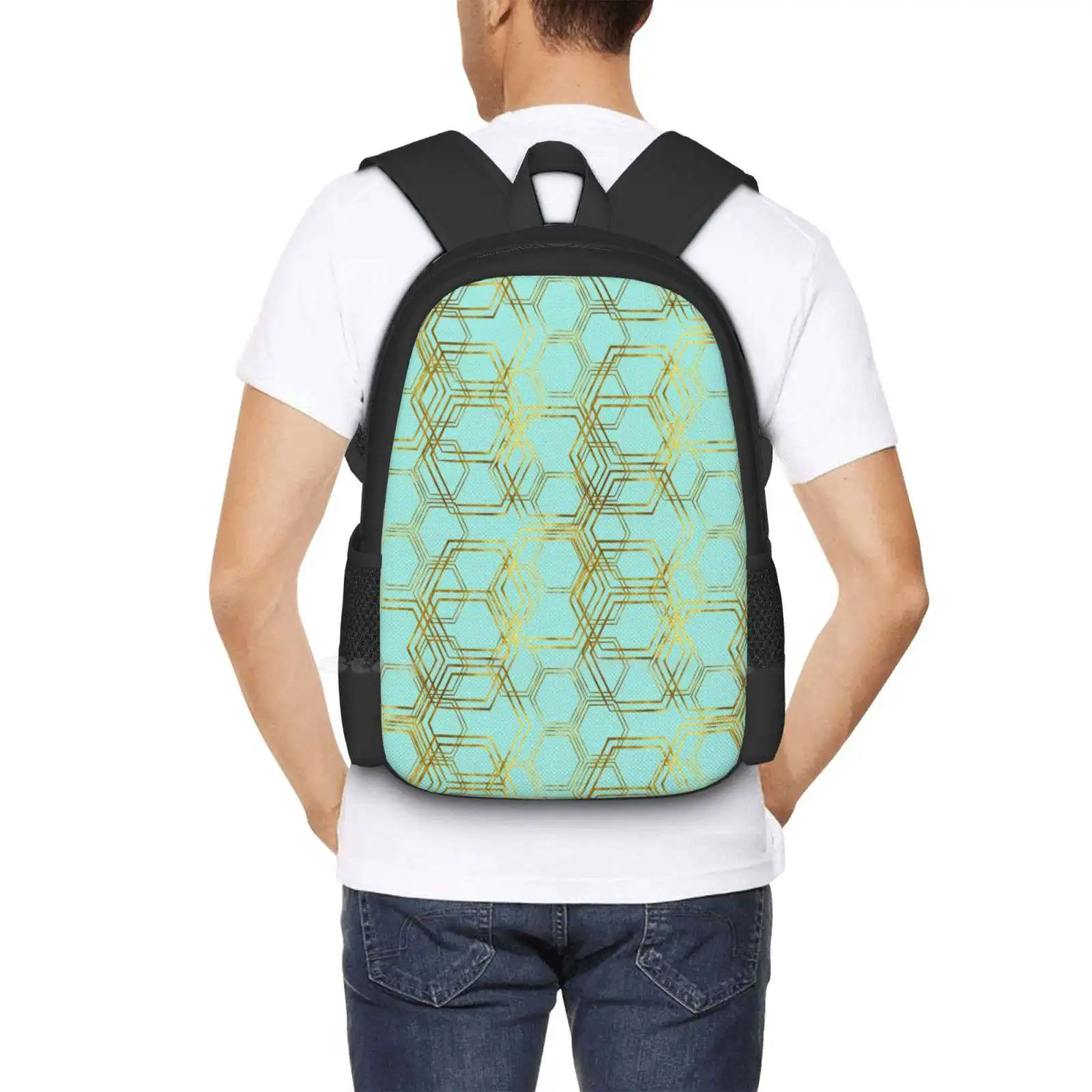 Hexagold School Bags For Teenage Girls Laptop Travel Bags Hexagon Geometric Gold Glitter Sparkly Sparkle Aqua Turquoise Blue