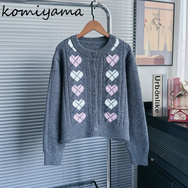 

Кардиган Argyle с сердечком, винтажный свитер 2025, осенний свитер с круглым вырезом, Ropa Mujer, кардиганы с длинными рукавами, однобортная женская одежда