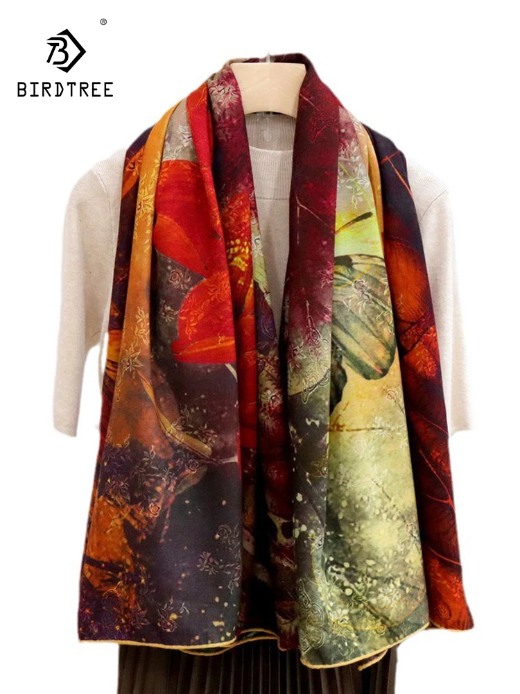 

Birdtree 70%Wool 30%Real Silk National Style Scarf Women 2024 Spring Autumn Elegant Double Sided Print Scarf Mom's Gift A41367QC