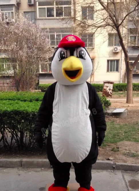 

New Adult Hot Sale Foam Cute Halloween Red Hat Penguin Mascot Costume Plush Christmas Fancy Dress Halloween Mascot Costume