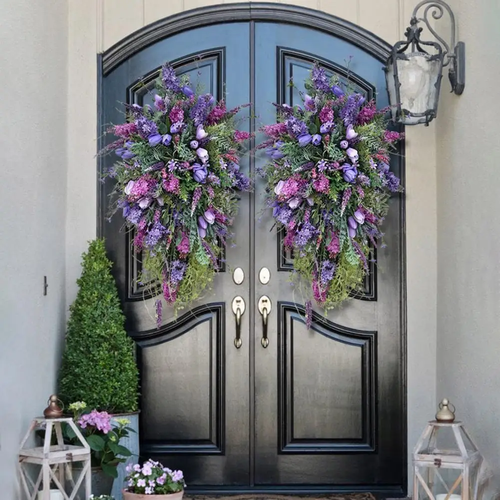 indoor-outdoor-wreath-197-inch-purple-lavender-tulip-teardrop-wreath-artificial-floral-swag-with-green-leaves-front-for-wedding