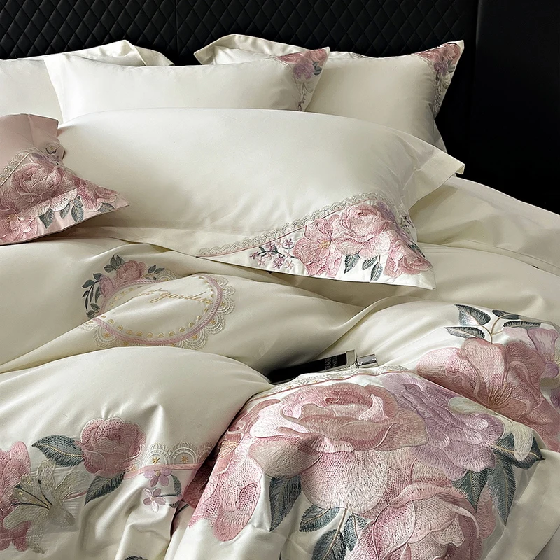 Elegant French Flowers Embroidery, 1000TC Egyptian Cotton, Luxury Bedding Set, Queen, King Size, Duvet Cover, Bed Sh