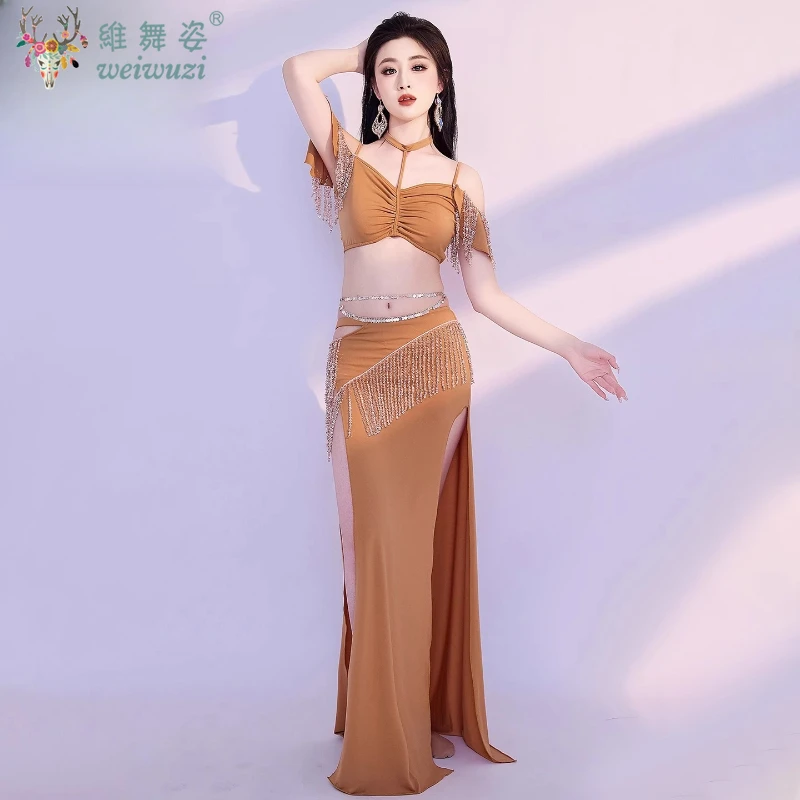 Conjunto de dança do ventre com borla, saia longa cravejada de diamantes, roupa de performance de dança oriental, roupa de competição feminina