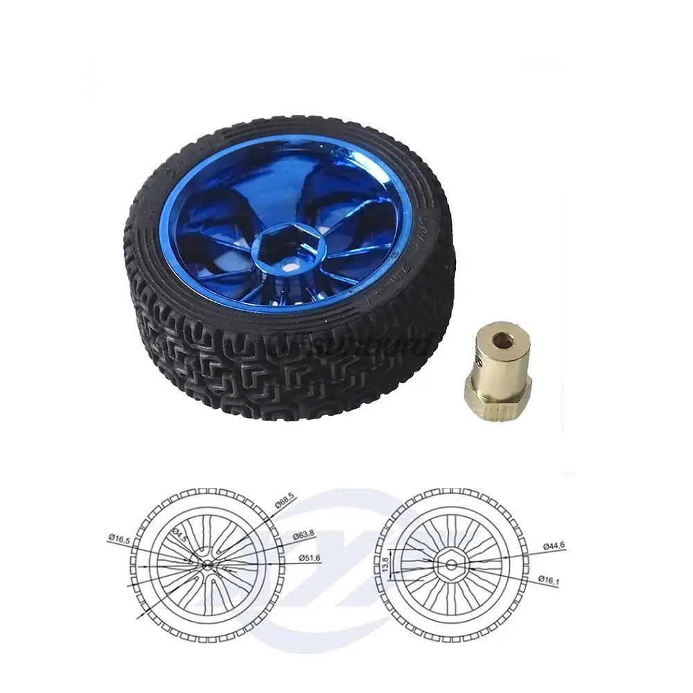 65mm Rubber Wheel RC Model Tire Lengthen  Copper Coupling Hex Connection For Arduino DIY Smart Car Chassis