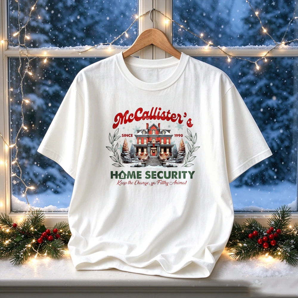 McCallister's Home Security Graphic T Shirt Home Alone Movie Vintage House Print Crew Neck Retro Christmas Holiday Casual Tees
