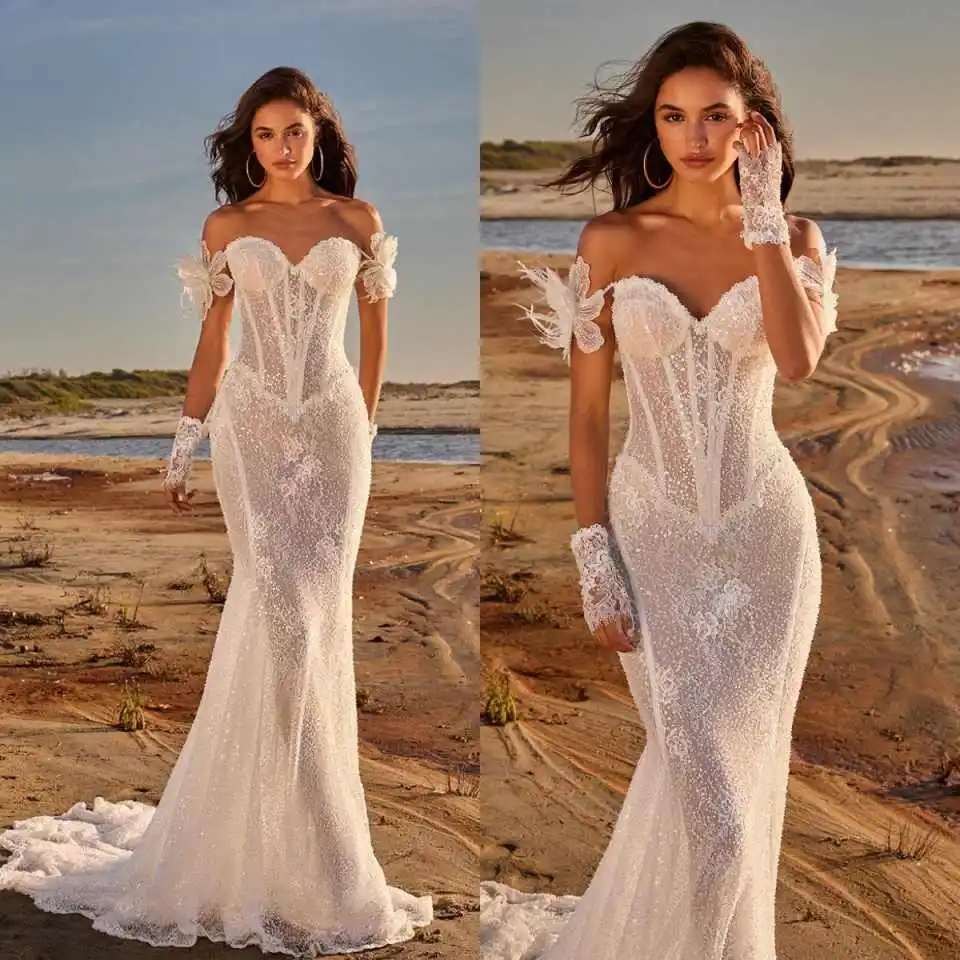 Chic Off-Shoulder Mermaid Wedding Dress Sequin Lace 3D Floral Formal Bridal Gown for Upscale Wedding Celebrations Customized