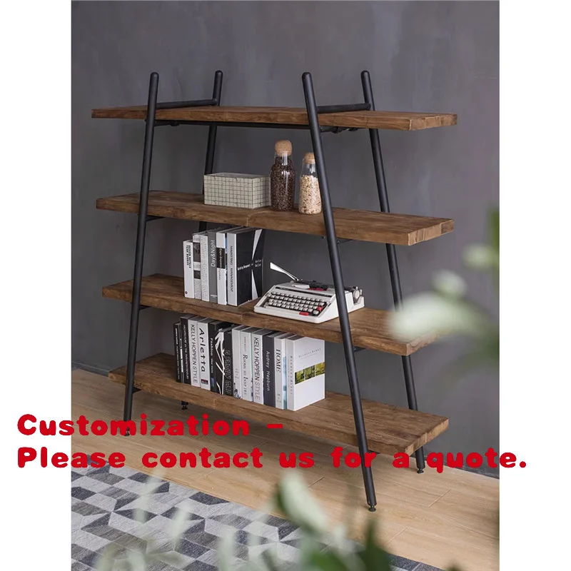 

Customize.Natural Wood Bookshelf Iron Art Storage Rack Floor-standing Wall-leaning Simple Solid Wood Living Room Multi-layer Sin