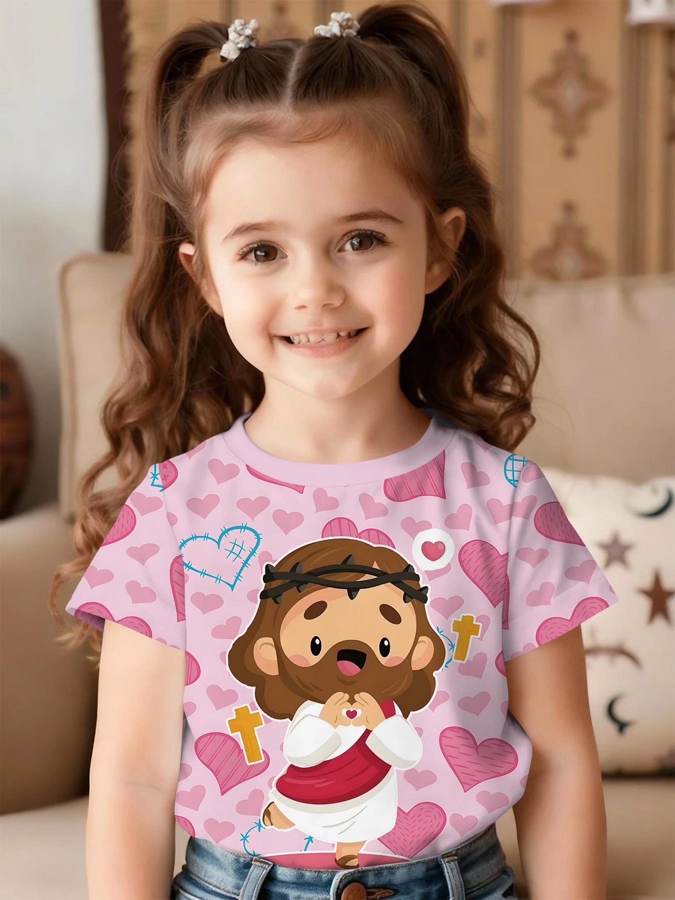 Kids Pink Heart Faith T-Shirt, Trendy Cute Cartoon Jesus Cross Graphic Boys Girls Short Sleeve Tee