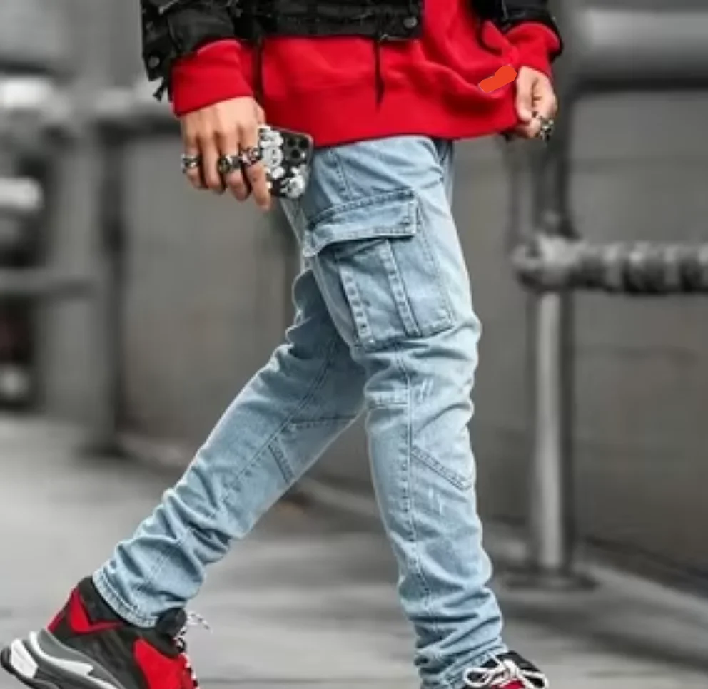 New Casual Slim Fit Daily Wear Joggers Mid Waist Trousers Men Street Elastic Jeans Wash Solid Color Multi Pockets Cargo Pants