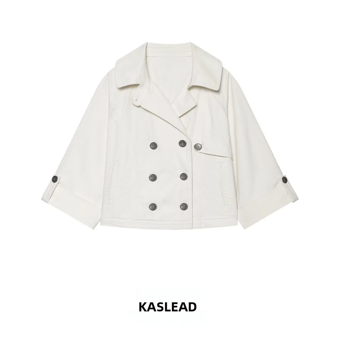 KASLEAD New Women's Fashion Short Coat Button Design Windproof Standard Fit Polyester Fiber Autumn Season Double Collar Coat