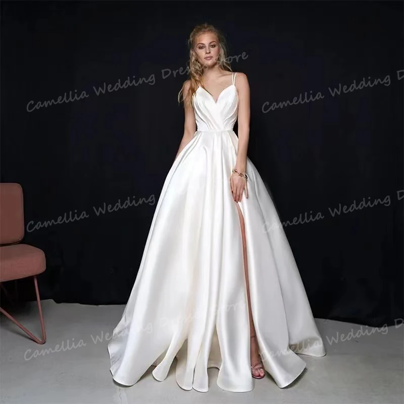 Simple Split Wedding Dresses A Line Sexy Spaghetti Straps Women's Bridal Gowns V Neck Backless Sleeveless Pleat Satin Vestidos