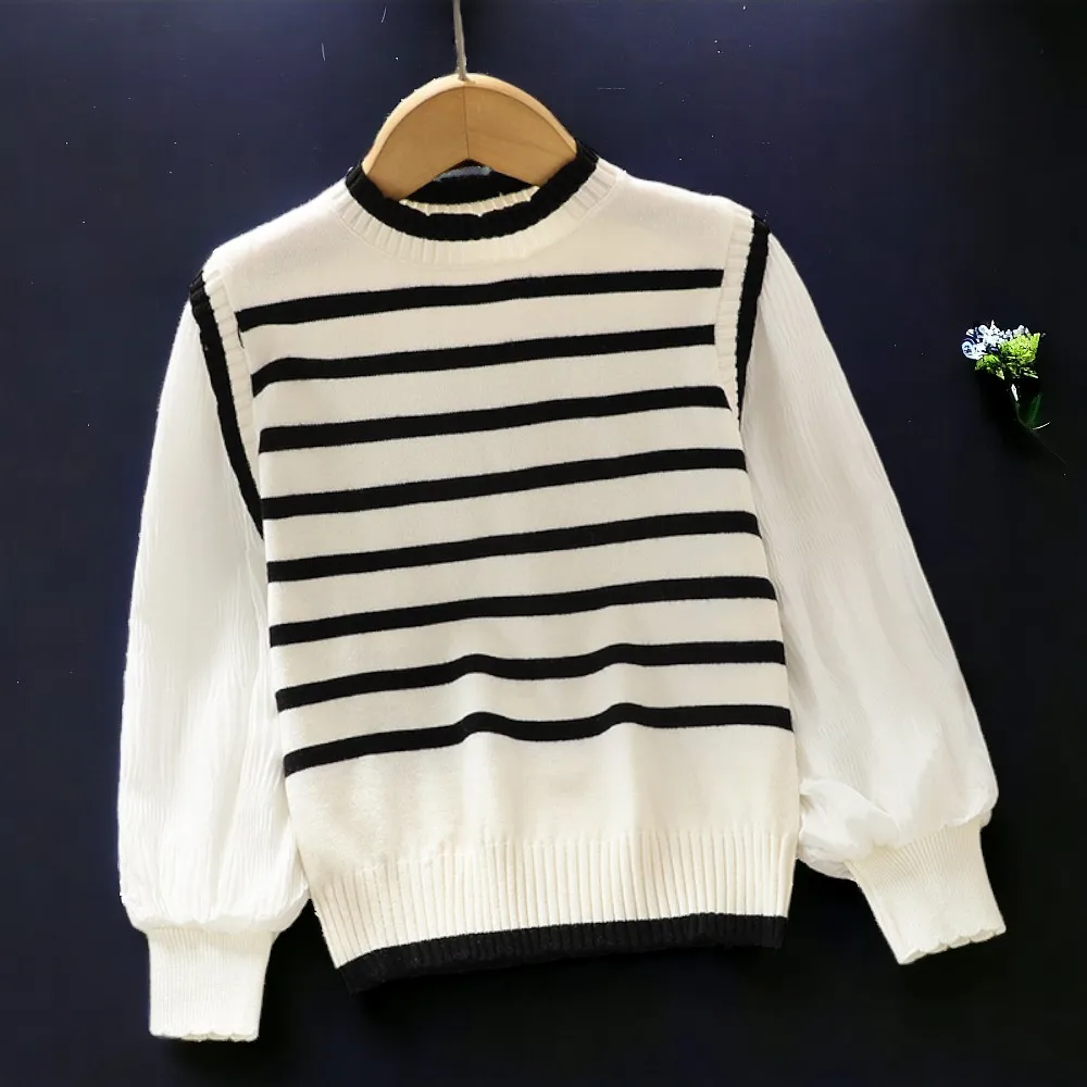 Autumn Spring Cute Kids Outfits Sweaters for Girls Tops Stripe lace knitwear Baby Lolita Costumes Kidswear 4 5 6 7 9 11 13 Year