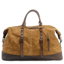 Vintage large capacity men's tote bag Waterproof oil waxed canvas crossbody duffel Bag with Crazy Horse cowhide duffel Tote bag