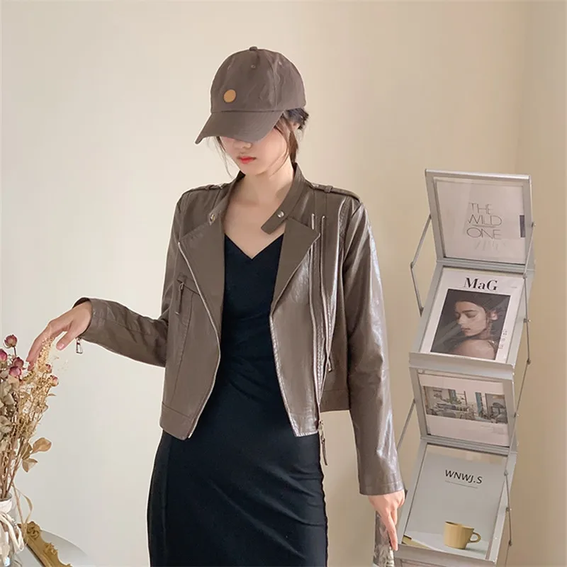 2024 primavera donna Slim Stand Collar cappotto corto in ecopelle caffè nero Beige blu manica lunga donna Streetwear Biker giacche