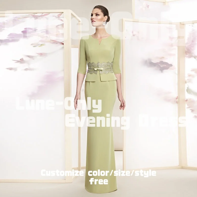 

Customized Sage Green Buttons 3/4 Sleeves Evening Dresses For Formal Occasion with Lace Wedding Prom Dress Party Gown