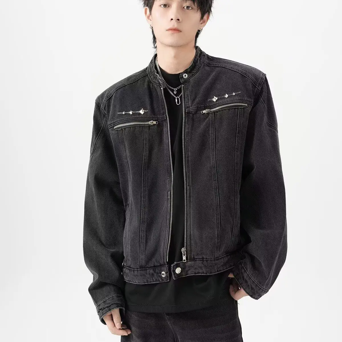 

Retro Harington ort Denim Jaet Men's Women's Spring High Street CleanFit Stand Collar Pilot Coat Stand Fit Non-iron Pr...