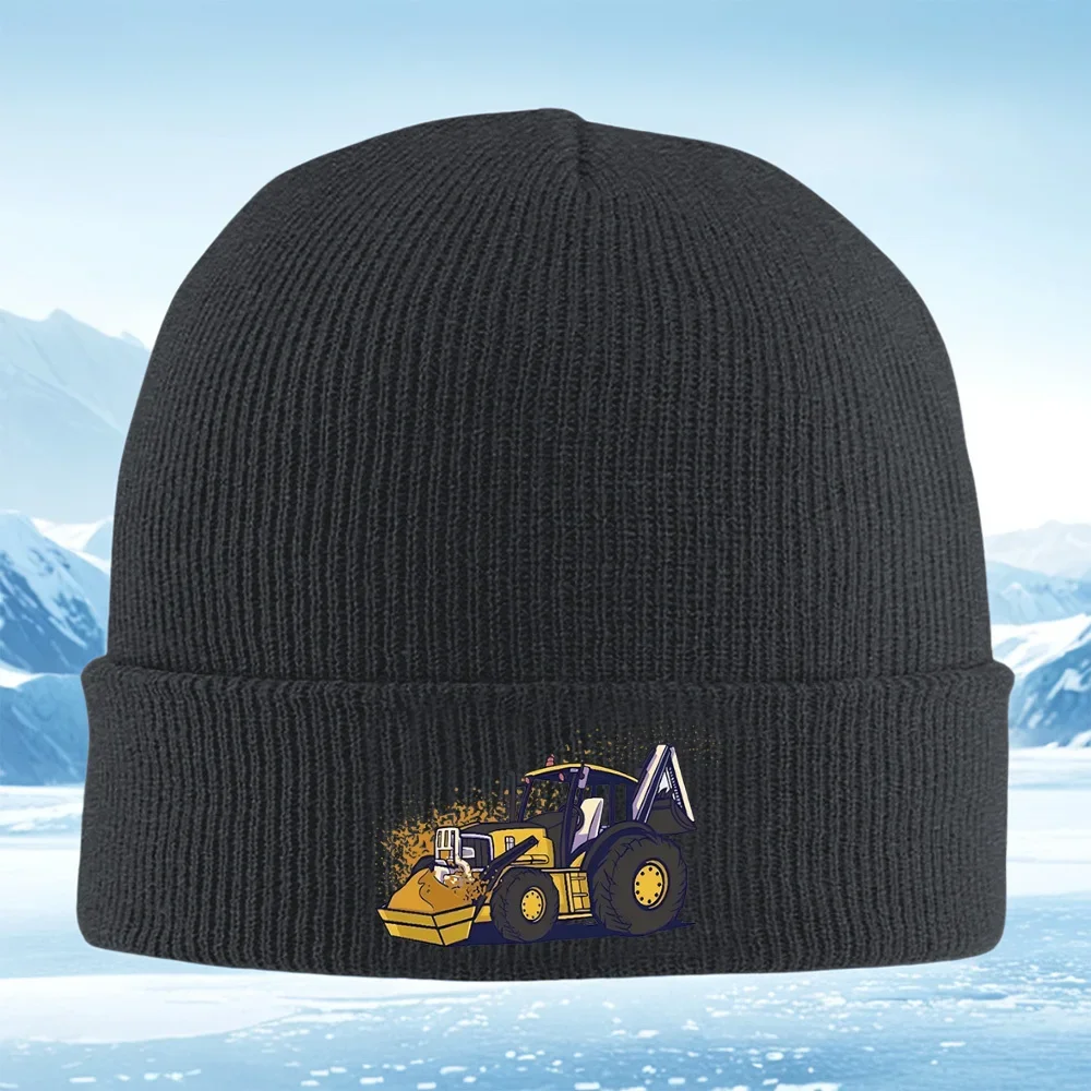 2026 Yellow excavator works on land machine Men Women Unisex Knitted Hat Beanie Pullover Cap Winter Thermal Warm Christmas Outdo