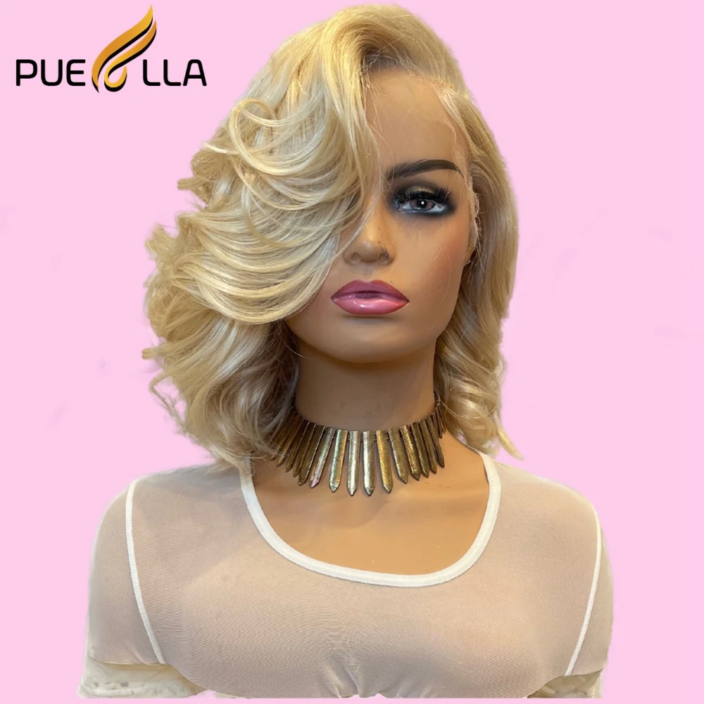 

Short Wavy Honey Blonde Colored 13X4 Lace Front Bob Wig Human Hair Preplucked Glueledd Red 613 Closure Frontal Wigs For Women