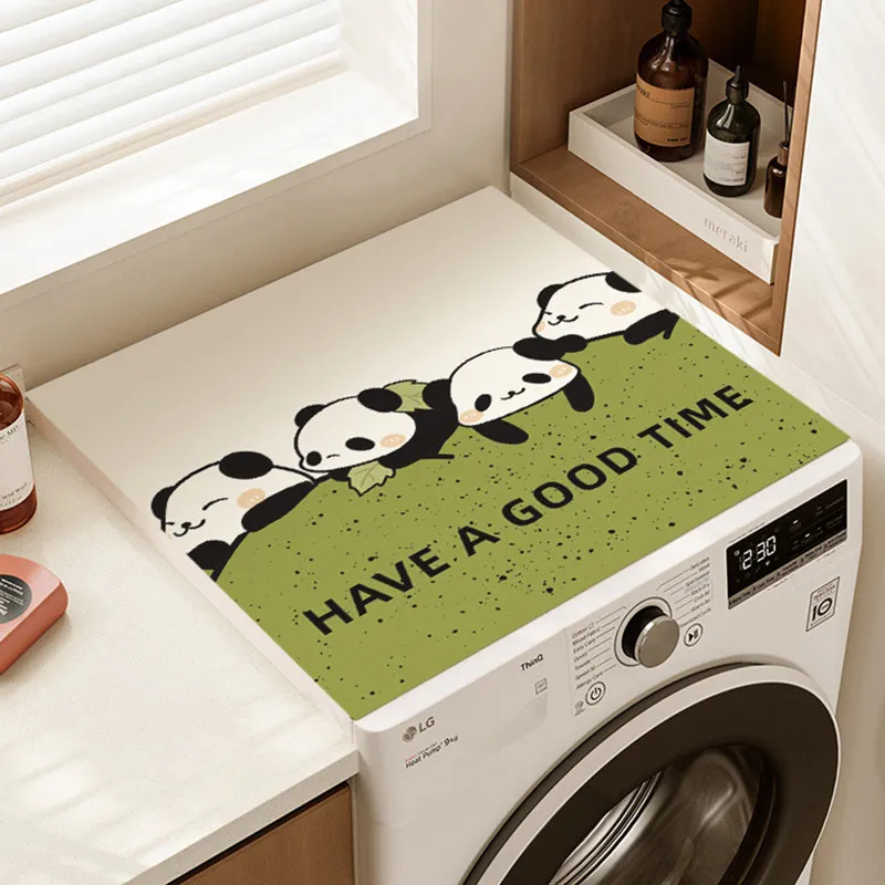 VIKAMA Cute Panda Washing Machine Cover Mat Green Speckle Base Letter Print Waterproof Anti Dust Dryer Surface Pad