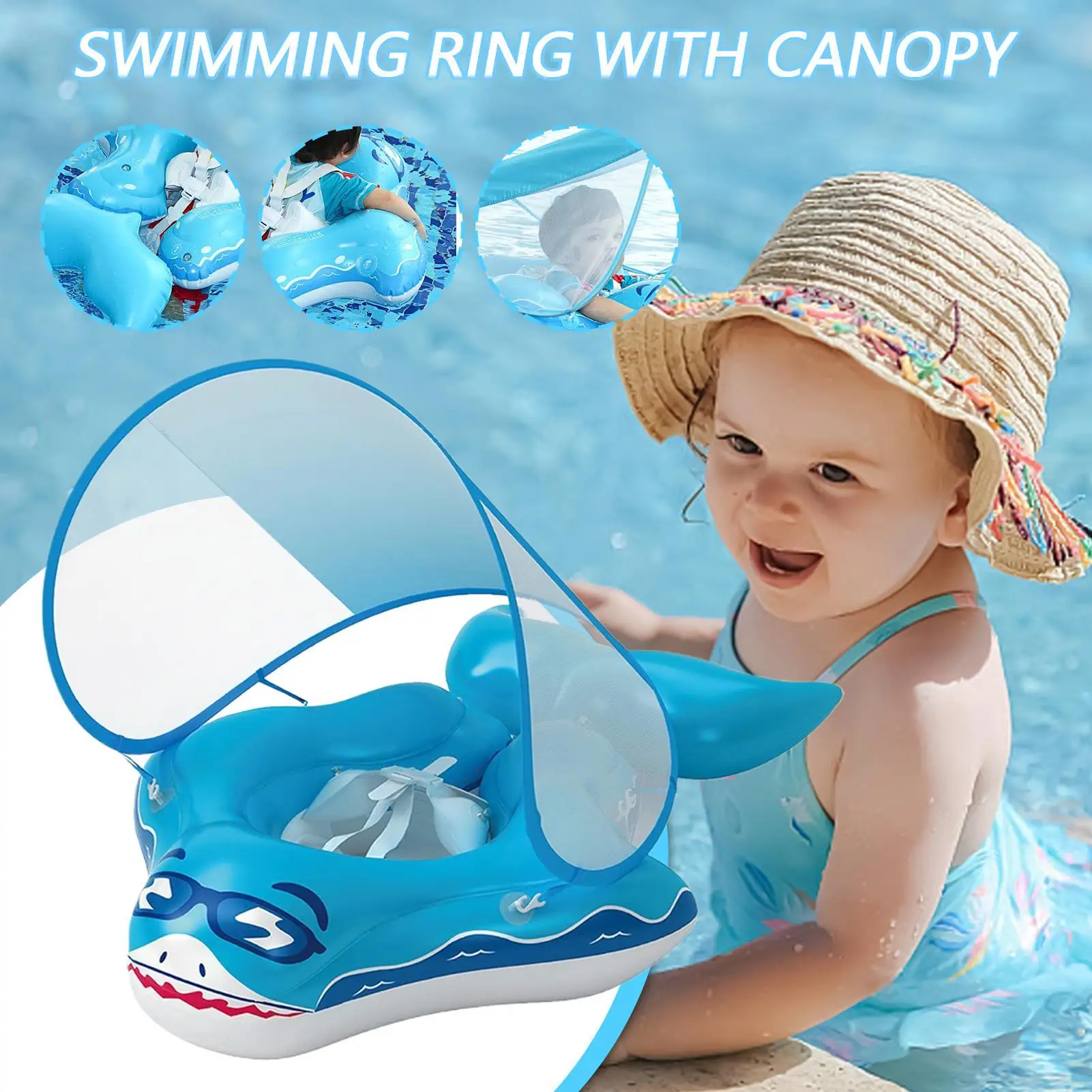 Galleggiante da nuoto per bambini con baldacchino Galleggiante da nuoto per bambini portatile delicato sulla pelle Anello pieghevole divertente a forma di squalo con paralume per il nuoto all'aperto