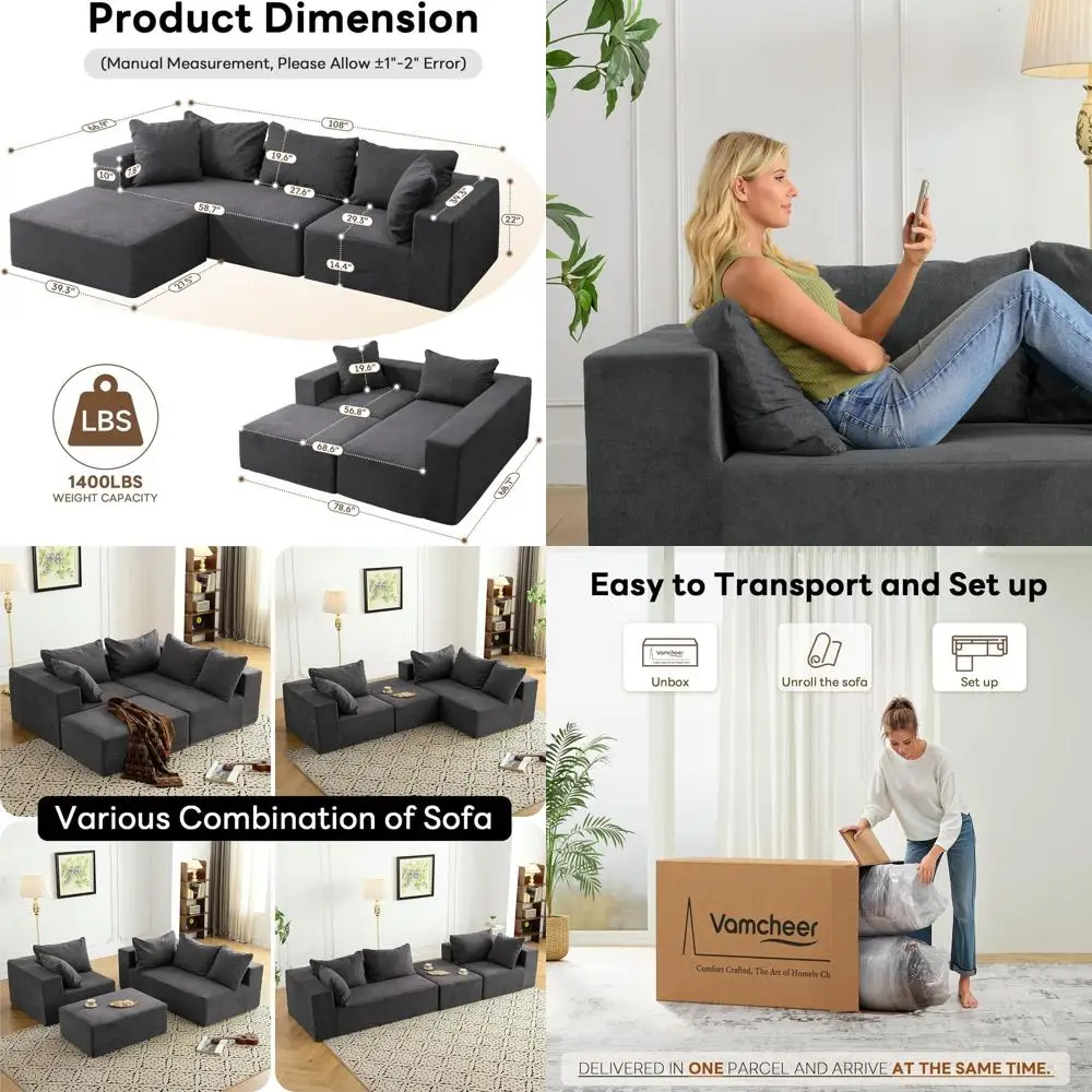 

Современный серый угловой диван с глубоким сиденьем для гостиной, спальни или офиса - готов к использованию