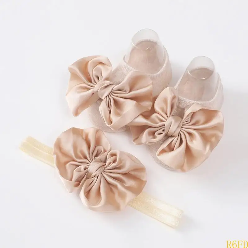

R6FD Fashion Bowtie Floor Socks for Babies 0-1Y Elastic Floor Socks Bowknot Headband