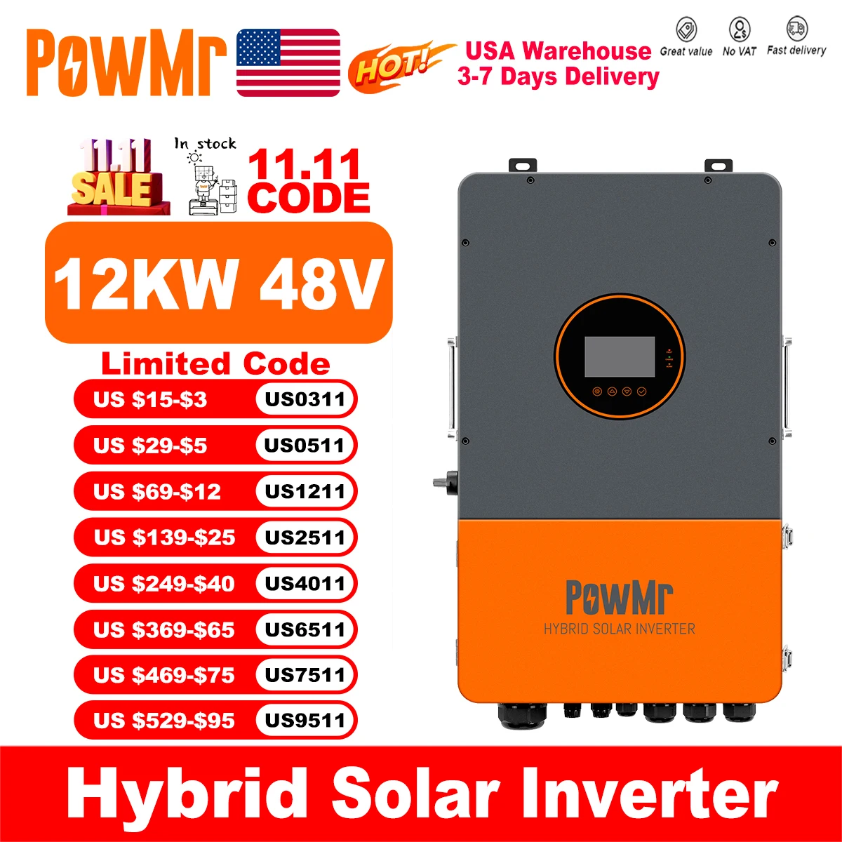 PowMr US 12KW 48V Split Phase Solar Inverter 120Vac/208Vac/240Vac Output Build in MPPT 200A Controller&WI-FI Max PV 550Vdc Input