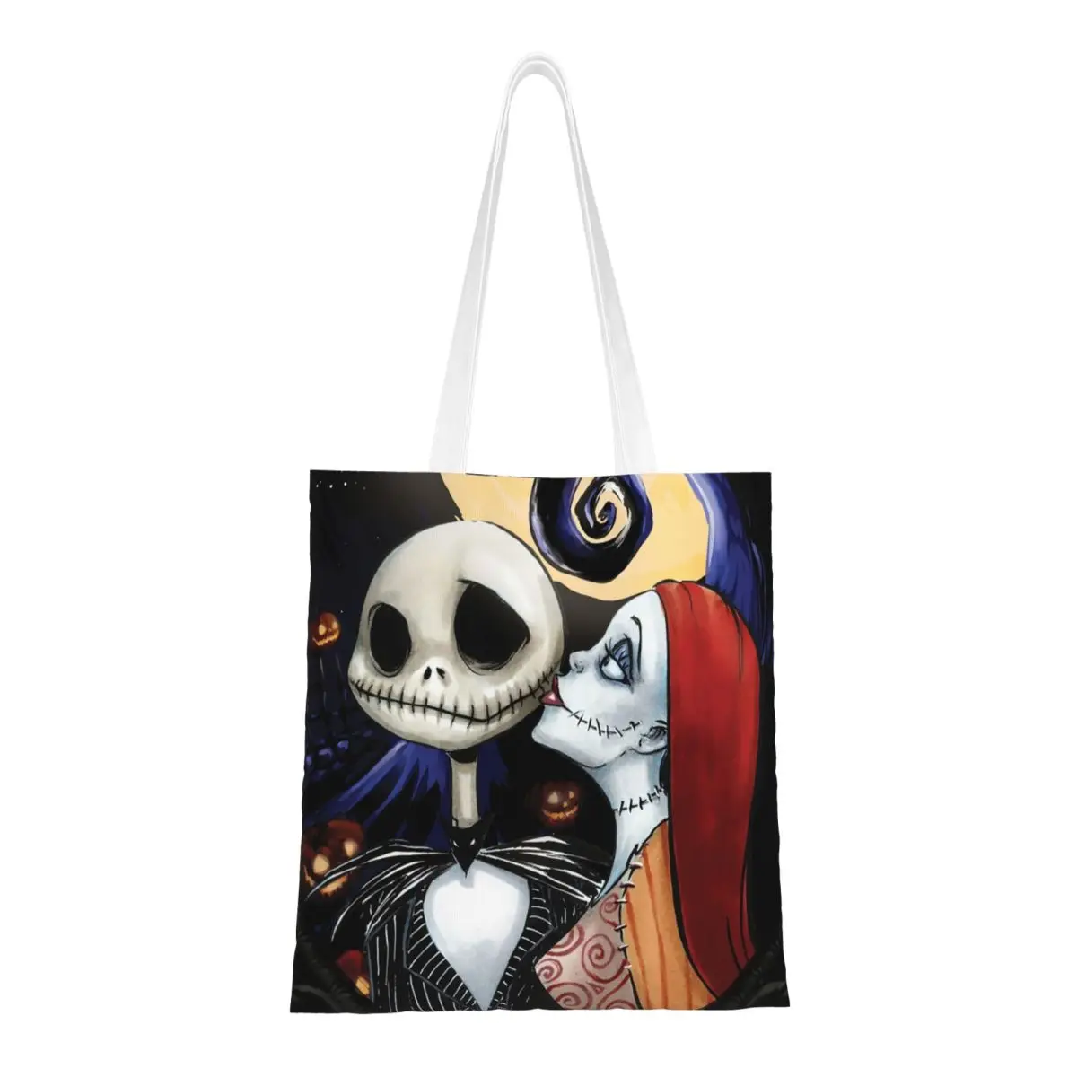 Custom Tim Burton Christmas Horror Movie Shopping Tote Bags Recycling Halloween Skull Jack Sally Canvas Shopper Shoulder Bag