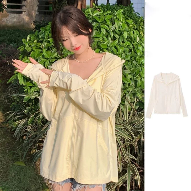 Korean Version Sweet Simplicity Commuting Vitality Hooded Appear Thin Solid Color Women's Sun Protection Clothing Summer 2024