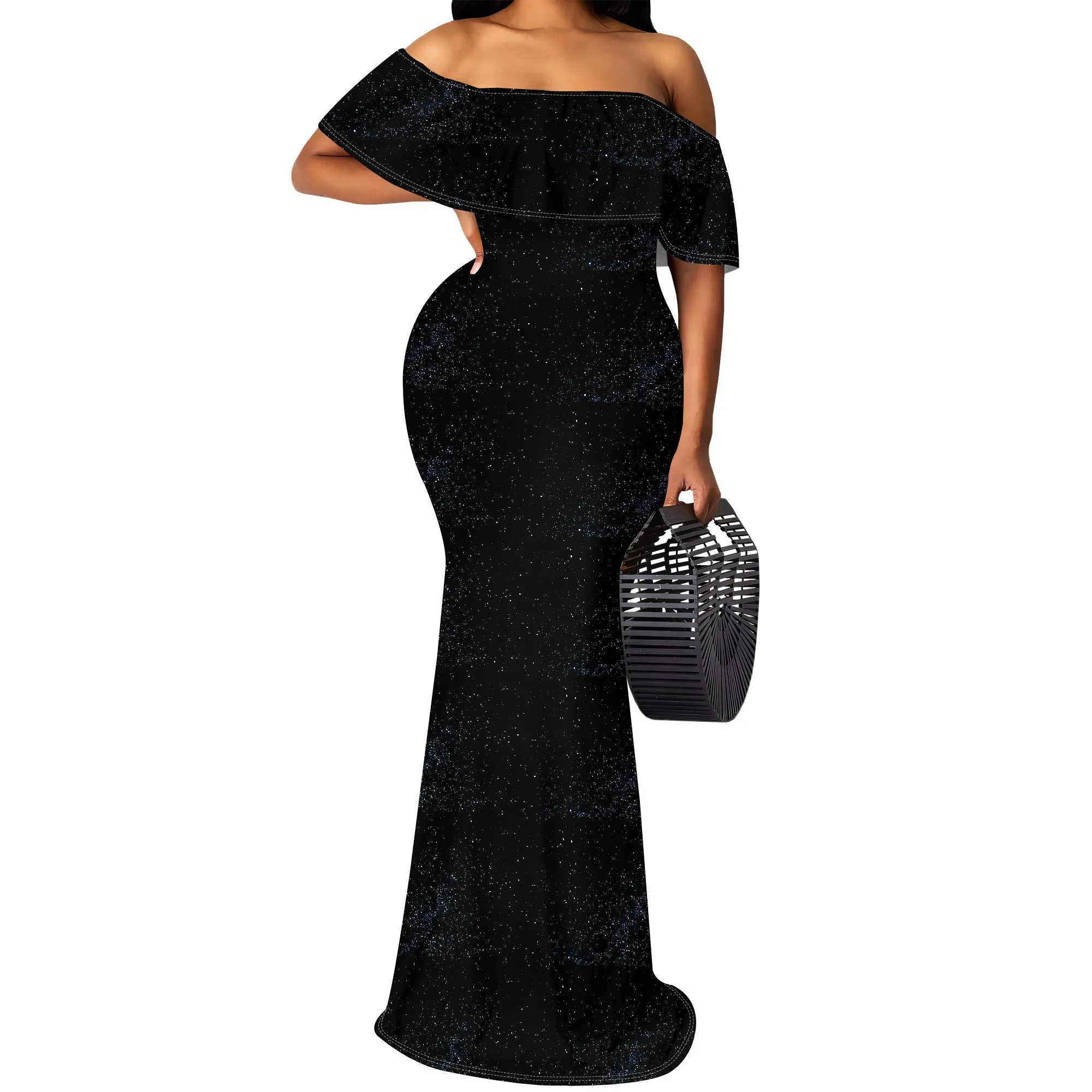 Black Culture Off-Shoulder Glitter Maxi Dress Plus Size Women's Evening Wear S-3XL for Party or Festival