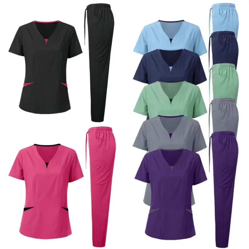 Conjunto esfrega para mulheres blusas de enfermeira na moda com decote em v plus size blusa de enfermagem linda cor sólida workwear esfrega topos e calças