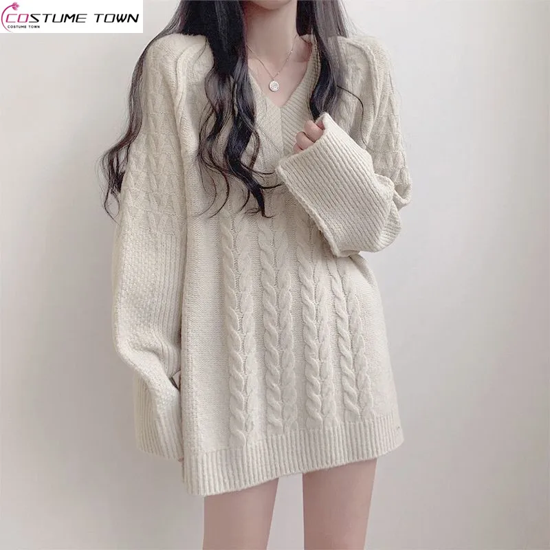 

Autumn and Winter Women's Korean Edition New Thickened Loose Fashion V-neck Knitted Sweater Trend