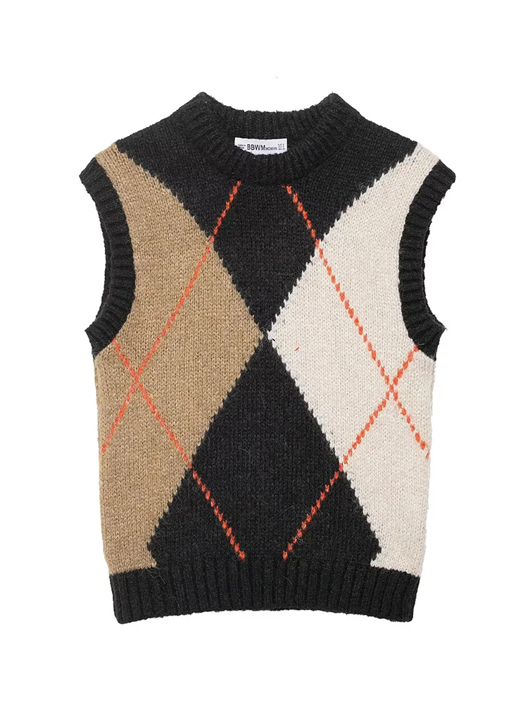 

HH 2026 Women Fashion Diamond Pattern Decoration Short Vest Female Chic O-Neck Sleeveless Slim Versatile Knitted Warm Vest Top