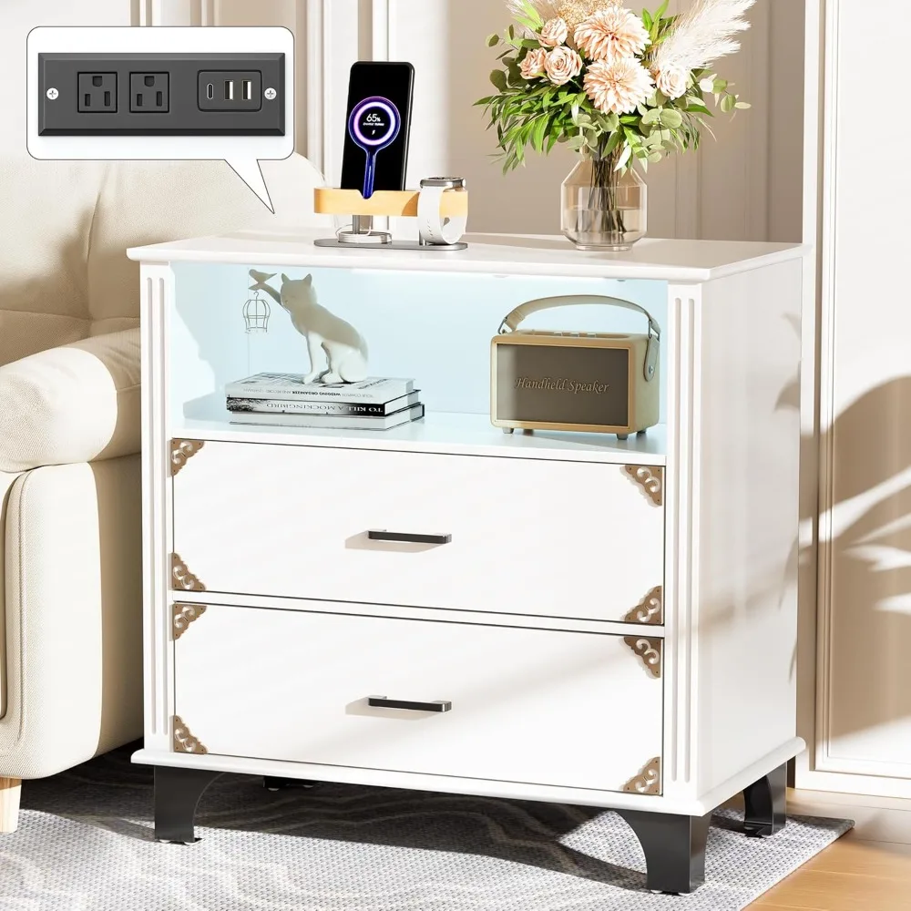 

29" W LED Nightstands with Charging Station, Large White Night Stands for Bedroom, Bedside Table with 2 Drawers & Open Storage C