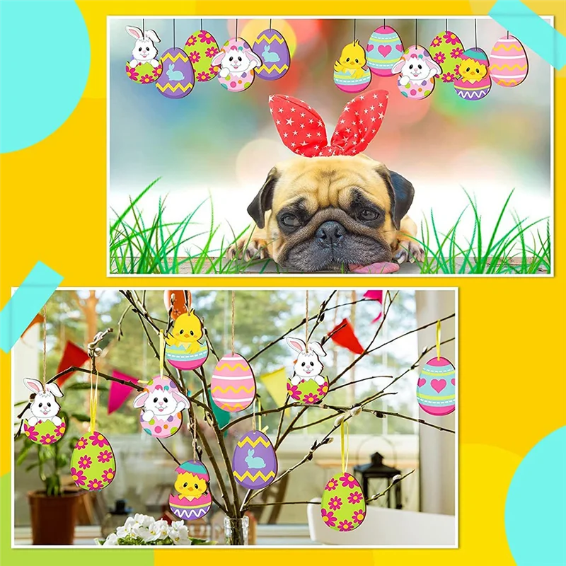 

SR-24PCS Easter Day Wood Ornaments Hanging Decoration For Home Office Party Classroom Decor Bunny Flower Style With Lanyard
