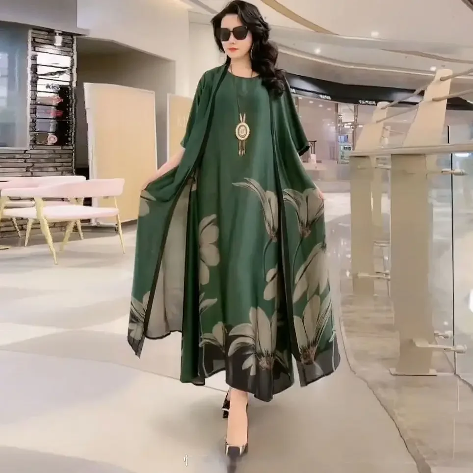 

Two-Piece Women's Elegant Floral Plus Size Dress Casual Beach Vintage Long Silk Dress Mother Dress 2023 Summer New Fashion