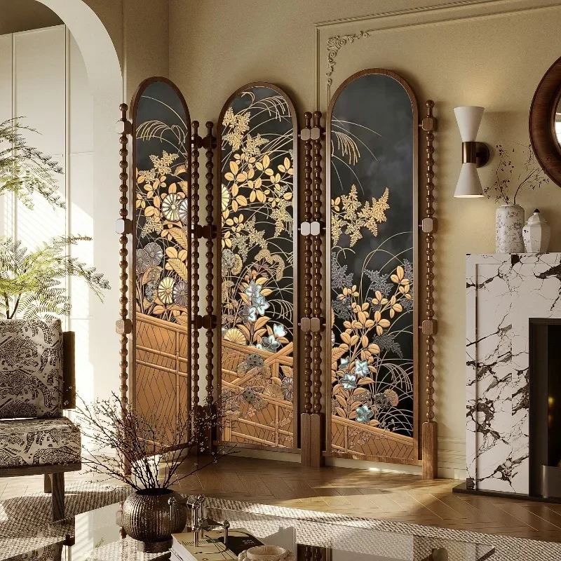 French-style vintage folding screen, mobile living room entryway concealment, tea room partition, homestay vintage decoration, e