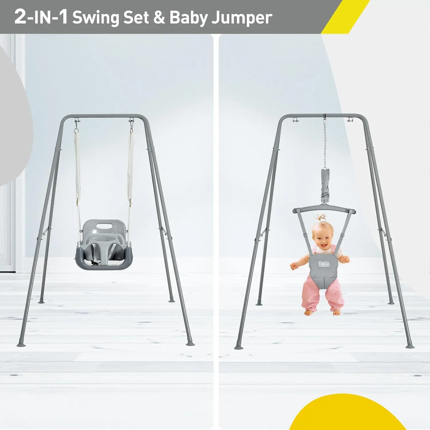 2 in 1 Swing Set for Toddler & Baby Jumper, Heavy Duty Kids Swing & Bouncer with 4 Sandbags, Foldable Metal Stand for Ind