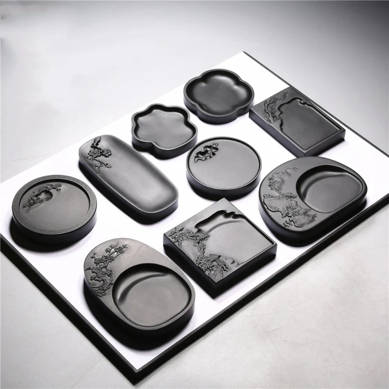 Natural She Ink Stone with Cloud Pattern Calligraphy Painting Brush Ink Grinding Portable Gift for Collection Chinese Style